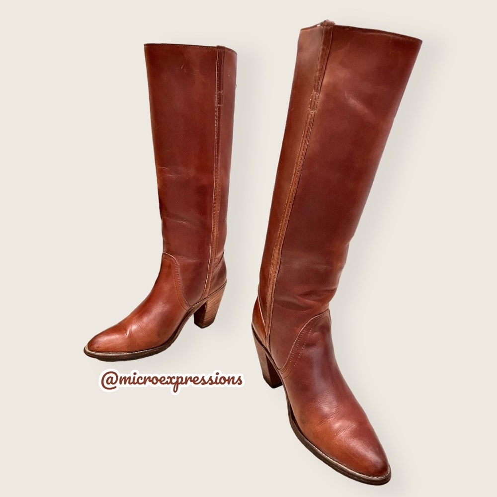 VINTAGE 1960’s Frye Real Leather Cognac Black Label Knee High Tall Heeled Boot - Picture 14 of 14